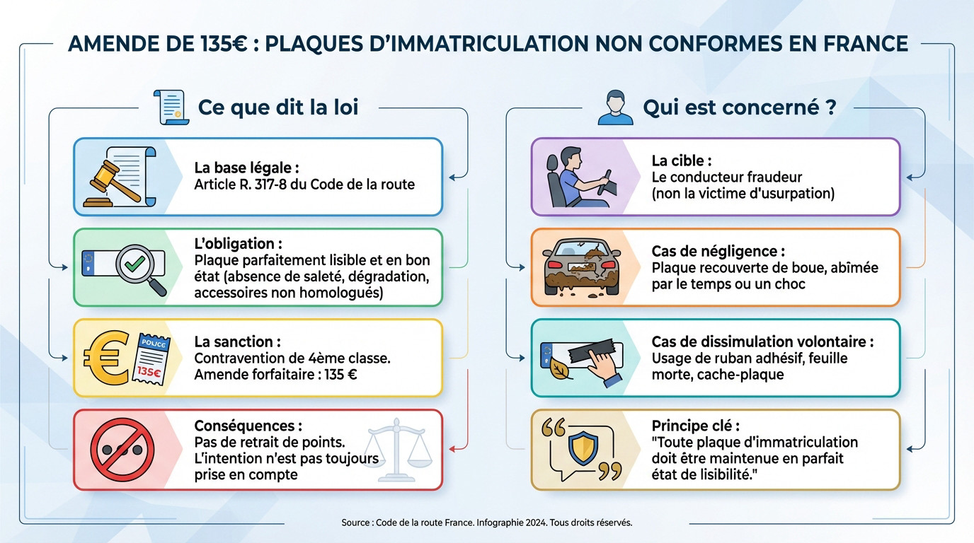 Automobiliste recevant une amende de 135 euros pour une plaque d'immatriculation non conforme ou illisible