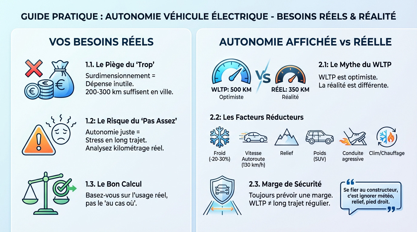 Graphique comparant l'autonomie WLTP et l'autonomie réelle d'une voiture électrique sur autoroute