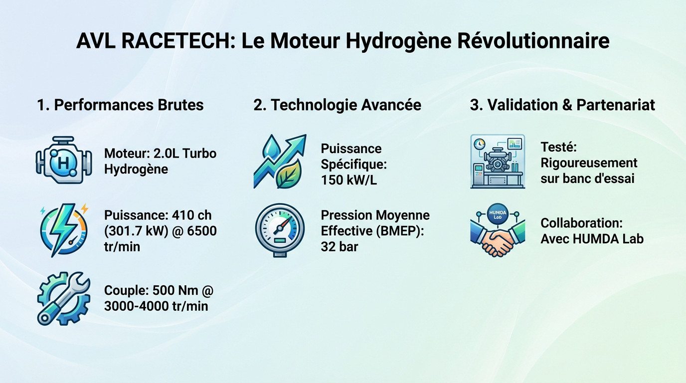 Moteur prototype hydrogène AVL RACETECH 2.0L turbo sur banc d'essai