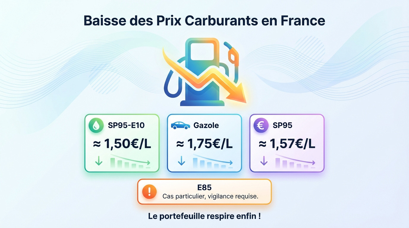 Graphique illustrant la baisse significative des prix du carburant en France, avec un pistolet de pompe à essence