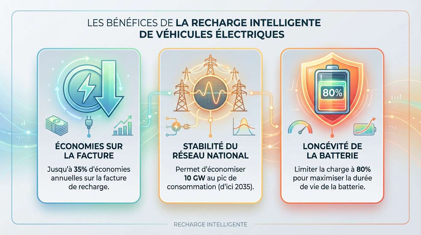 Schéma illustrant les économies et la stabilité réseau apportées par le pilotage de la recharge électrique
