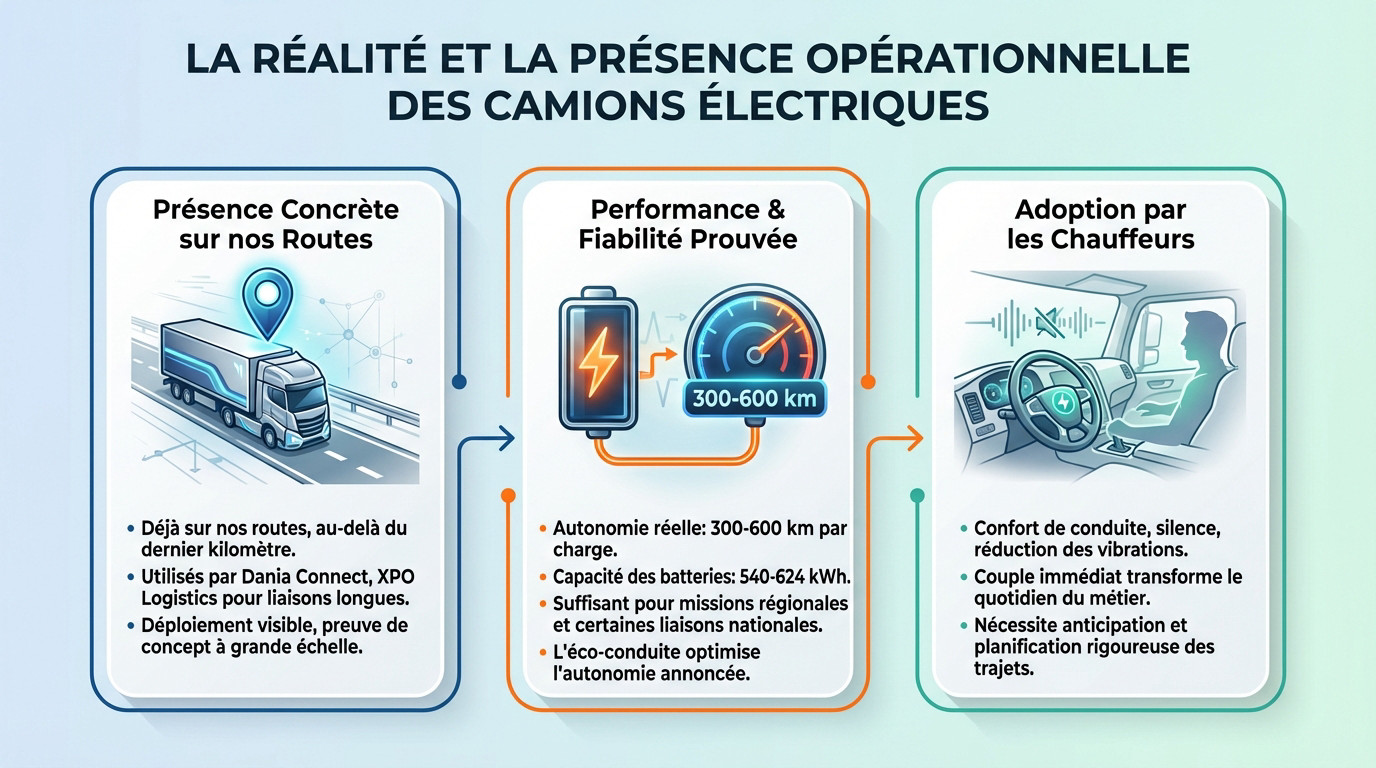 Camion électrique en circulation illustrant la transition énergétique opérationnelle sur les routes