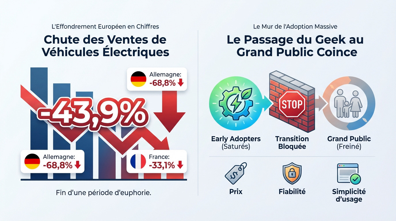 Graphique illustrant la chute brutale des ventes de voitures électriques en Europe et la crise du marché automobile