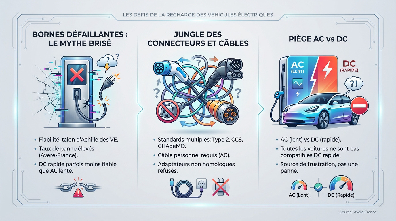 Conducteur de voiture électrique confronté à un problème de compatibilité de câble sur une borne de recharge publique