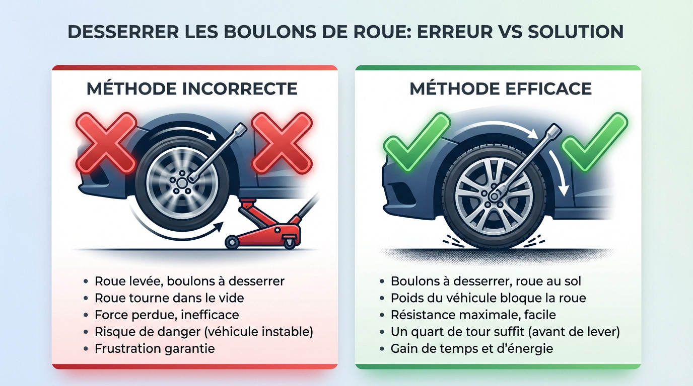 Comparaison technique : erreur de desserrage roue levée vs solution roue au sol