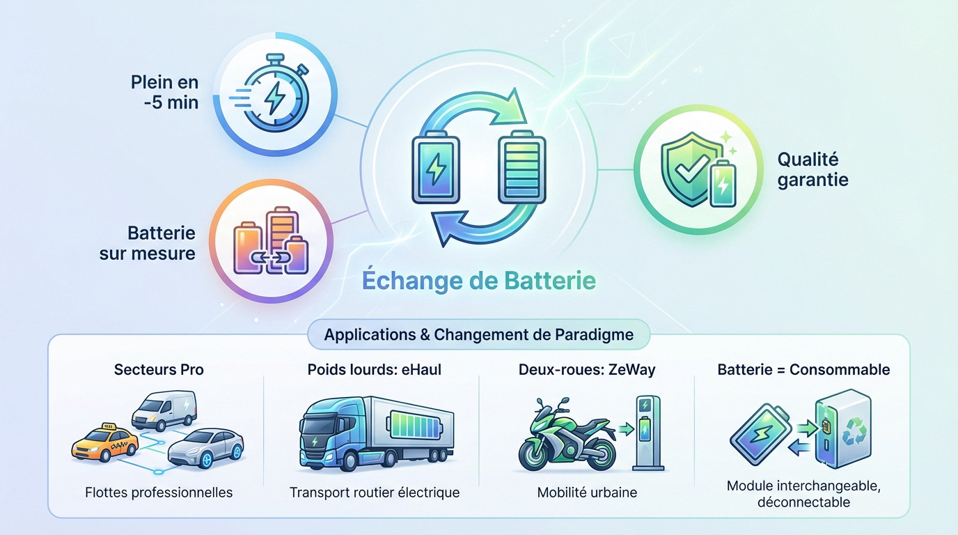 Station d'échange de batterie pour voiture électrique illustrant le gain de temps
