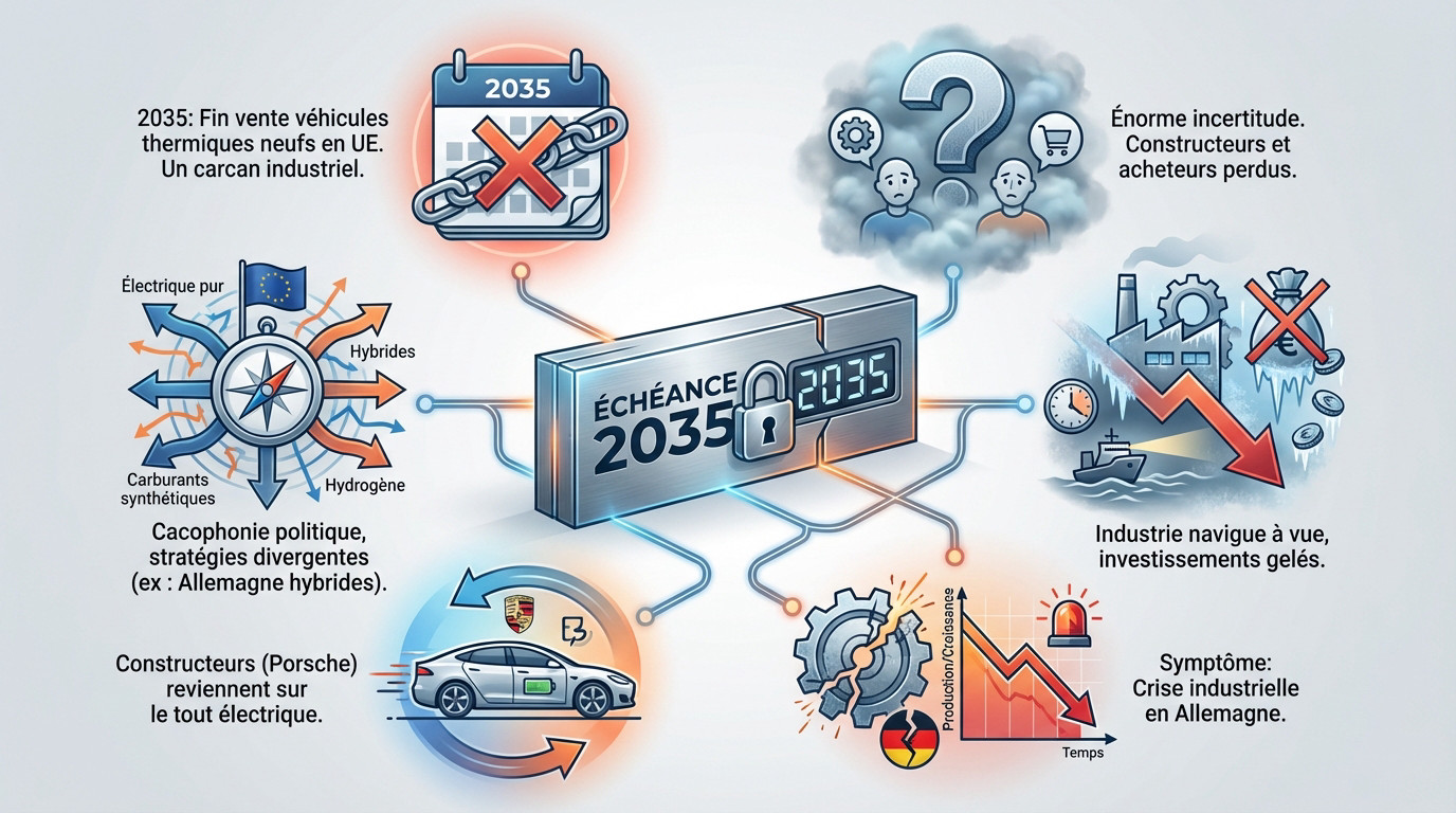 Illustration des défis de l'échéance 2035 pour l'industrie automobile européenne face à la fin du thermique