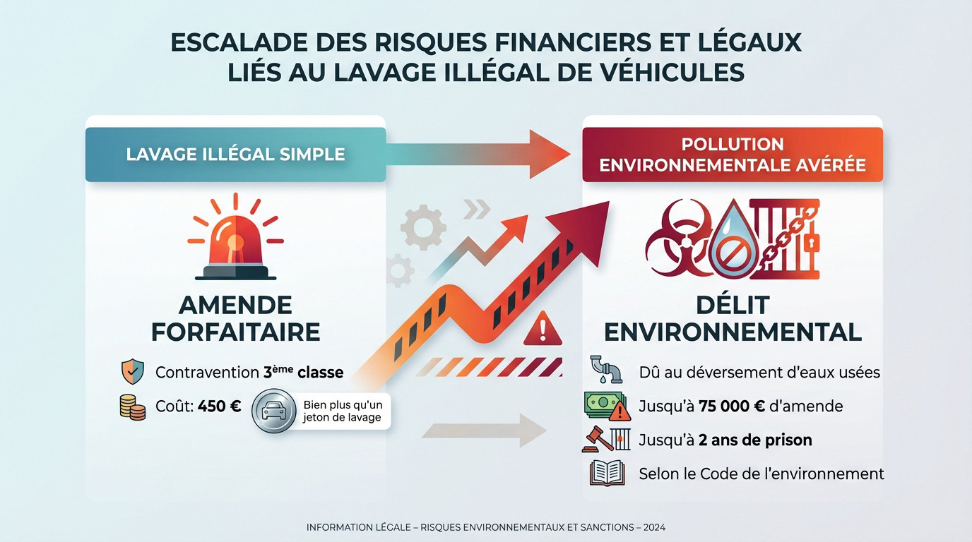 Graphique montrant l'escalade des sanctions financières pour le lavage de voiture illégal, passant de 450 euros à 75 000 euros