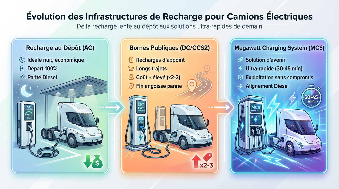 Camion électrique en cours de recharge sur une borne haute puissance