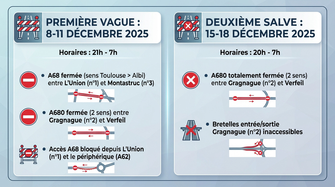 Carte des travaux et fermetures nocturnes A68 et A680 près de Toulouse
