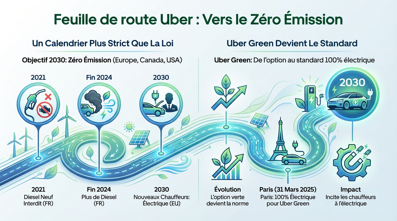 Graphique illustrant la feuille de route d'Uber pour une flotte 100% électrique d'ici 2030