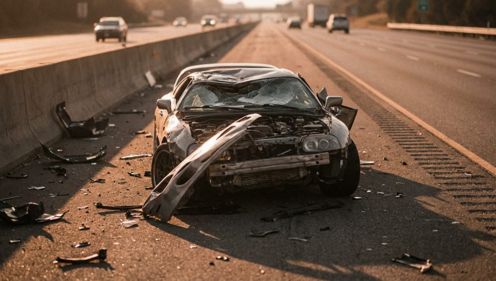 golden-hour-wreckage-devastated-sports-car-on-highway