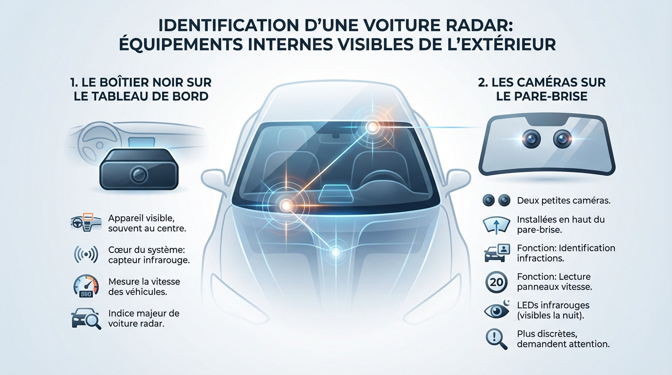 Schéma montrant le boîtier noir et les caméras sur le pare-brise d'une voiture radar