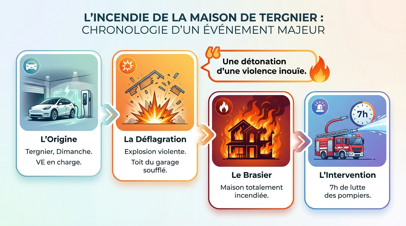 Schéma explicatif de l'incendie de Tergnier suite à l'explosion d'une voiture électrique