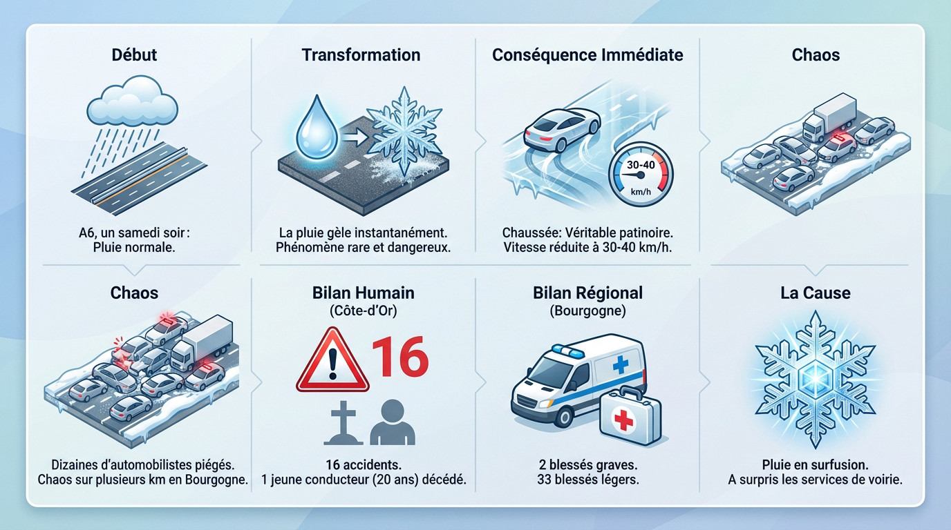 Infographie illustrant le chaos sur l'A6 causé par la pluie en surfusion et le verglas instantané