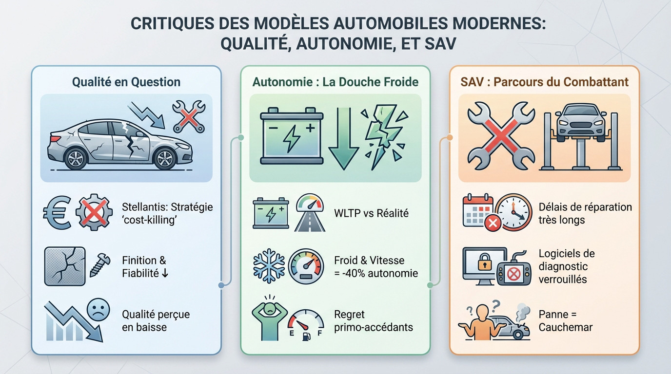 Infographie illustrant les problèmes de qualité, d'autonomie et de SAV des voitures électriques modernes