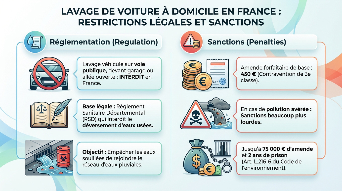 Illustration d'une personne lavant sa voiture à domicile, pratique soumise à des amendes en France
