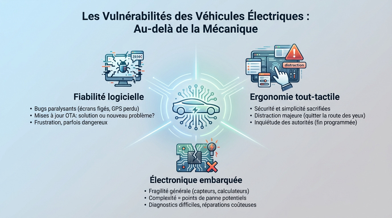 Tableau de bord d'une voiture électrique affichant un message d'erreur système