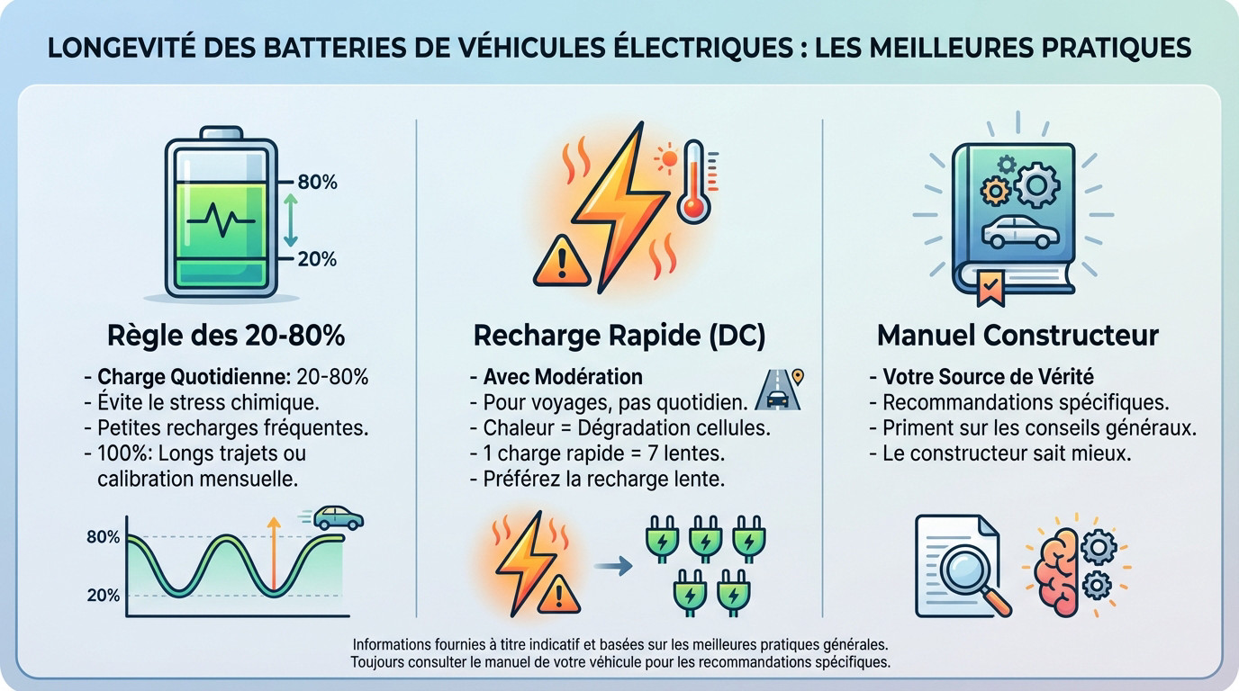 Graphique illustrant l'impact des cycles de recharge 20-80% sur la longévité de la batterie d'un véhicule électrique