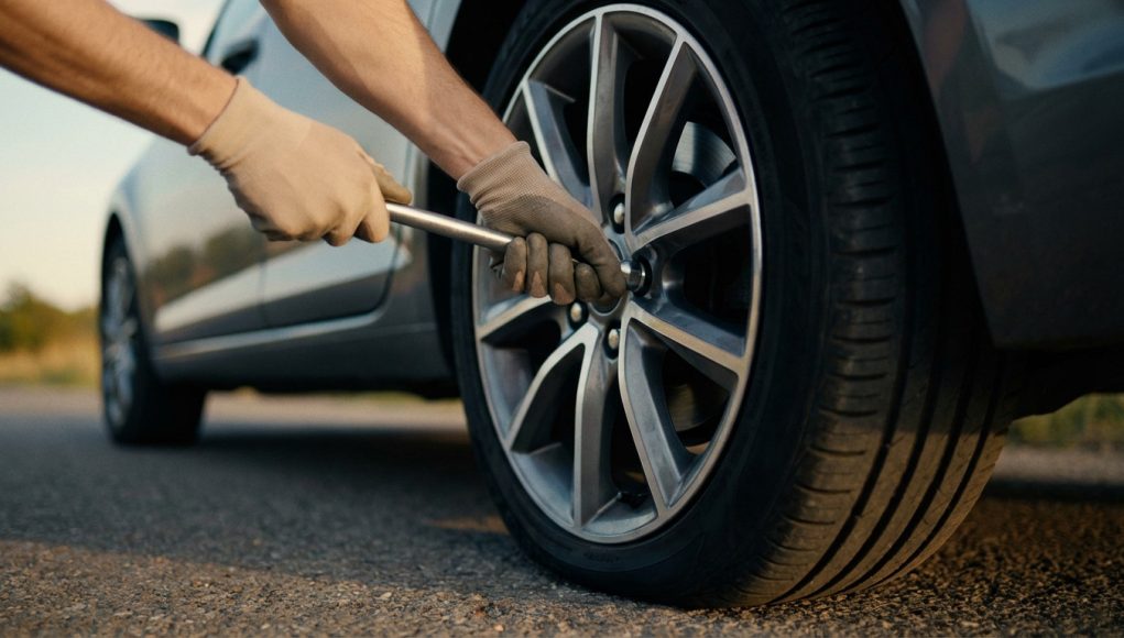 mains-gantees-desserrant-un-ecrou-de-roue-de-voiture