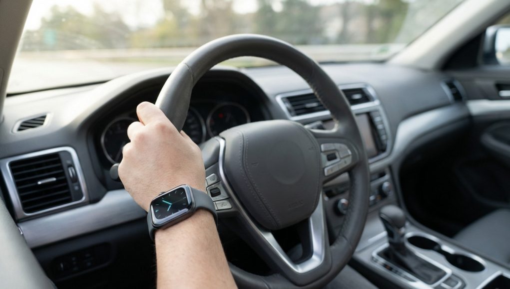 modern-driving-hand-on-wheel-smartwatch-visible