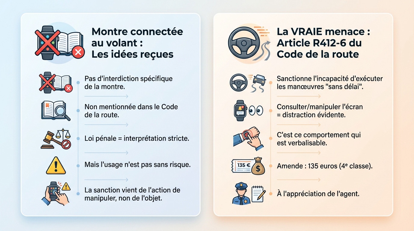 Conducteur consultant sa montre connectée au volant risquant une amende