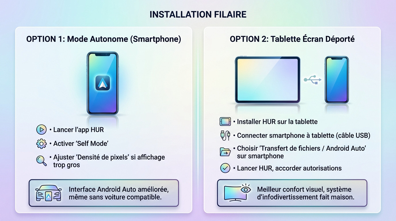 Schéma des options d'installation filaire pour Android Auto via Headunit Reloaded