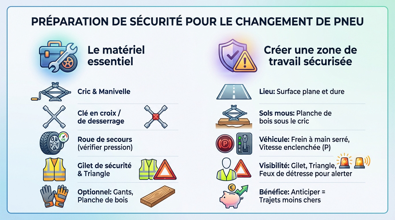 Matériel de sécurité et outils nécessaires pour changer une roue de voiture sur le bord de la route