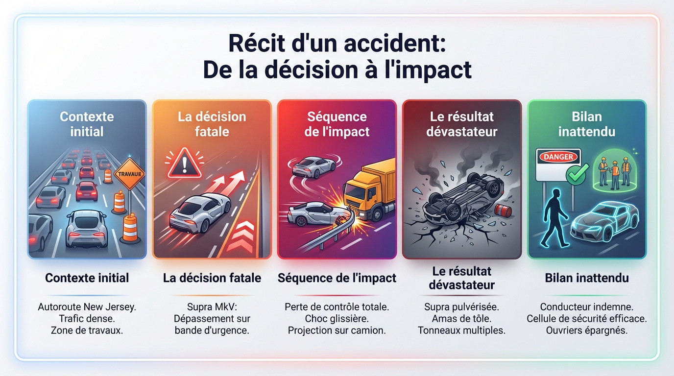 Epave d'une Toyota Supra totalement détruite sur une autoroute après un accident à haute vitesse