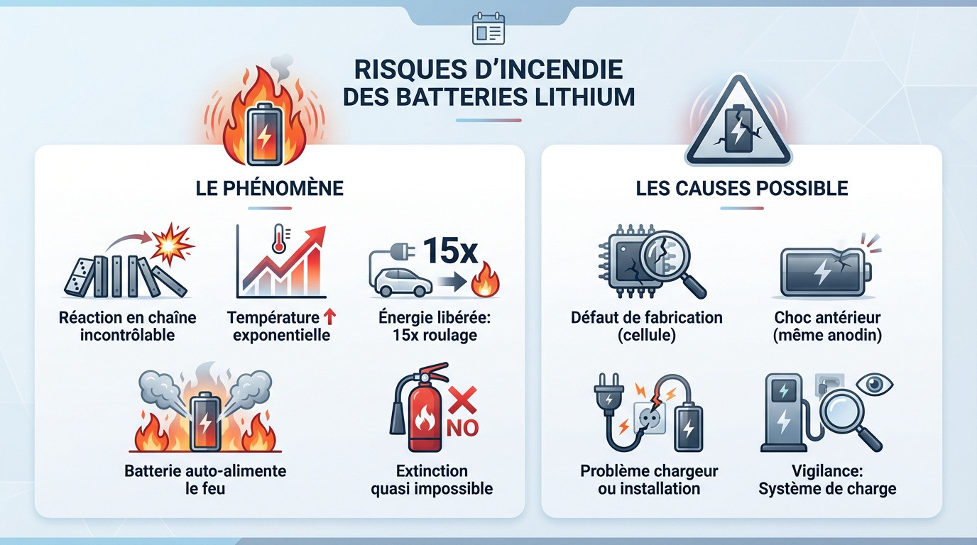 Schéma explicatif des risques d'incendie et de l'emballement thermique des batteries lithium-ion