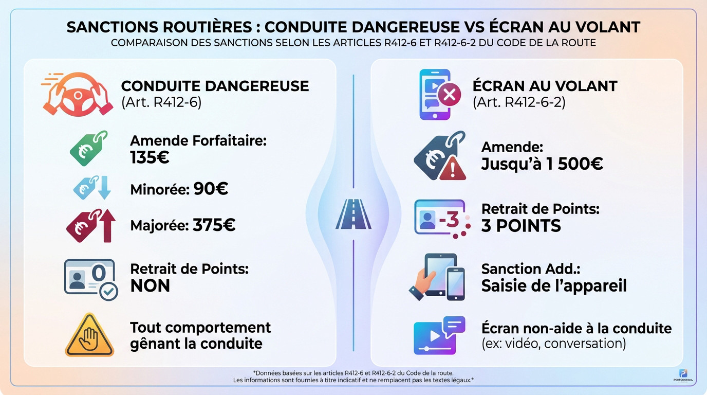 Comparaison des sanctions routières : amende pour conduite dangereuse contre usage d'écran au volant