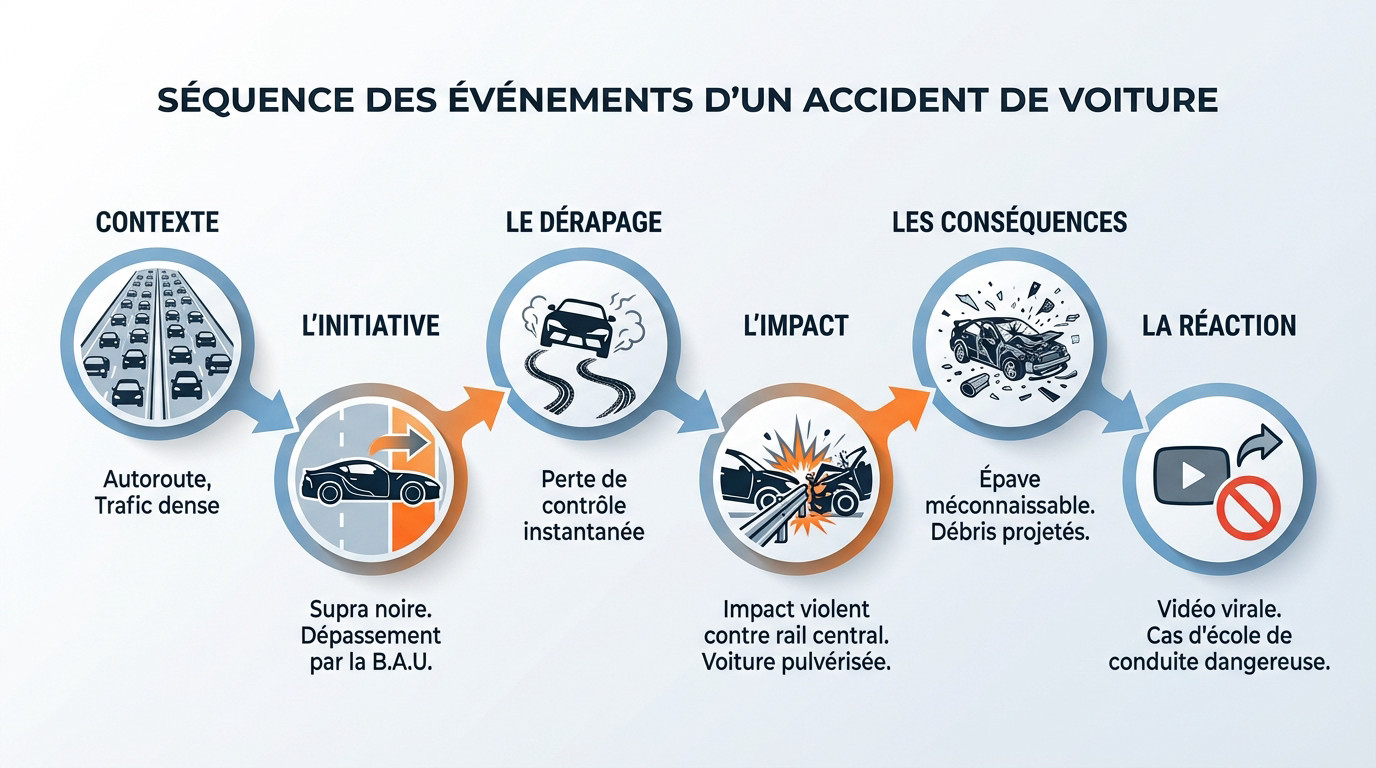 Schéma séquentiel montrant la perte de contrôle d'un véhicule lors d'un dépassement dangereux