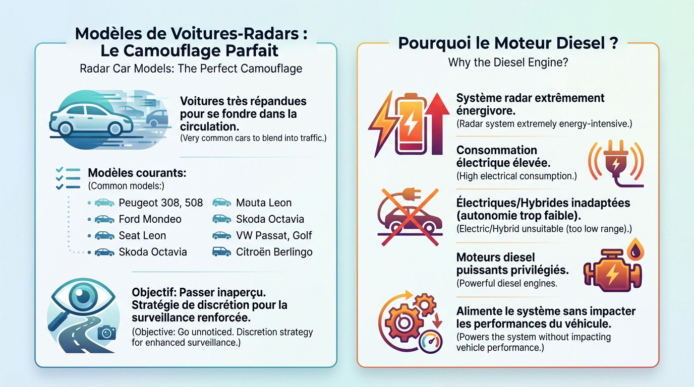 Alignement de voitures radars banalisées type Peugeot et Ford utilisées par les forces de l'ordre