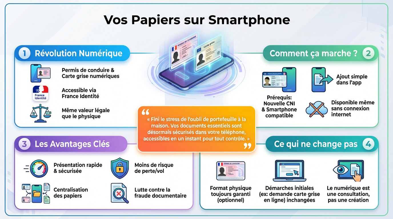 Automobiliste présentant son permis de conduire numérique sur smartphone lors d'un contrôle