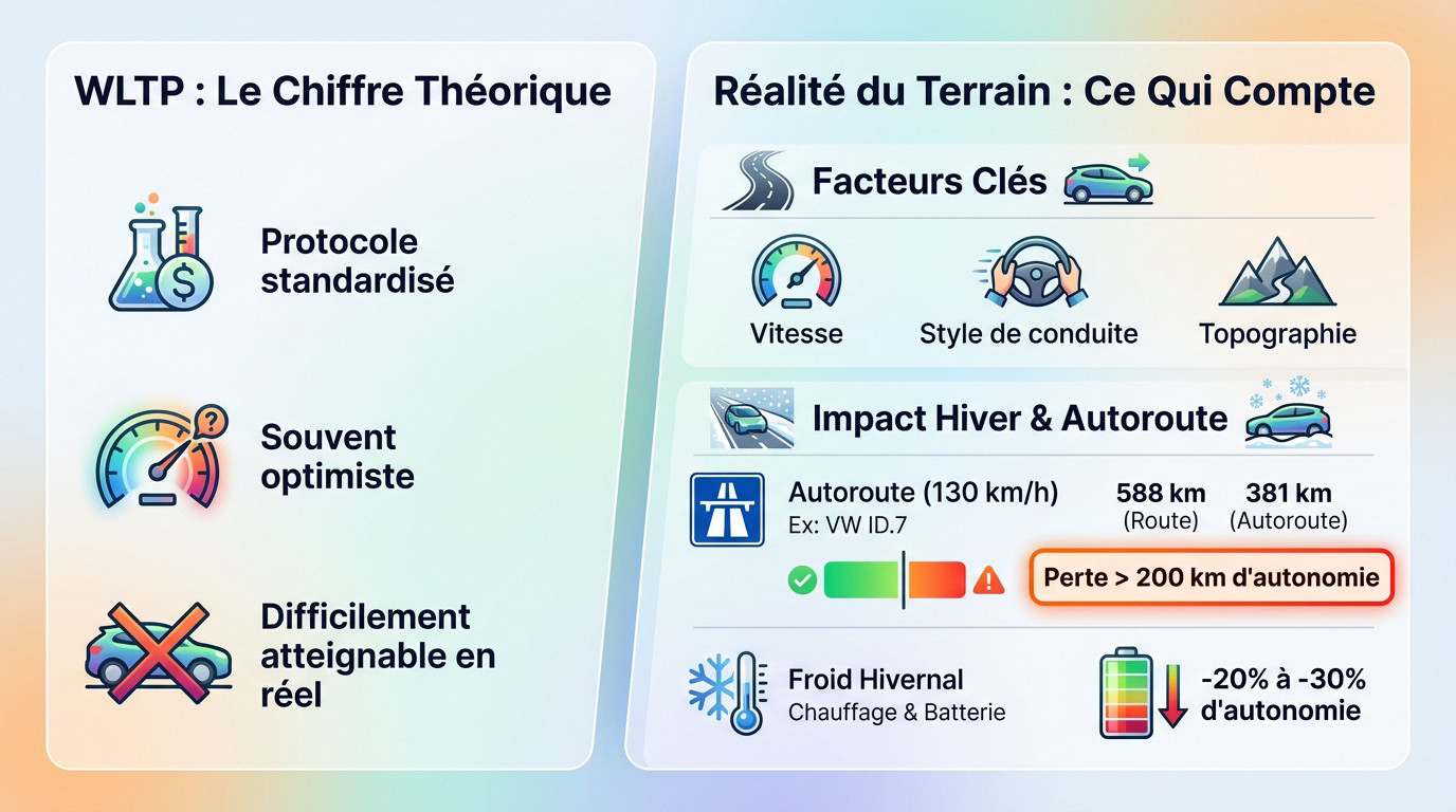 Comparaison graphique entre autonomie WLTP théorique et autonomie réelle sur autoroute