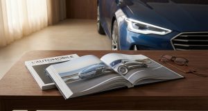 L’Automobile Magazine : la référence de la presse auto Open 'L'Automobile Depuis 1946' magazine on a dark wood table, showcasing sleek cars. A blue premium car is blurred in the background.