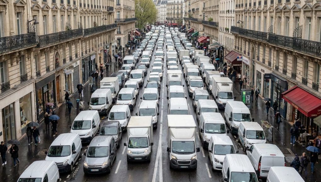 Embouteillages et logistique urbaine à Paris Vue en plongée d'une rue parisienne saturée par une file dense de camionnettes de livraison blanches.