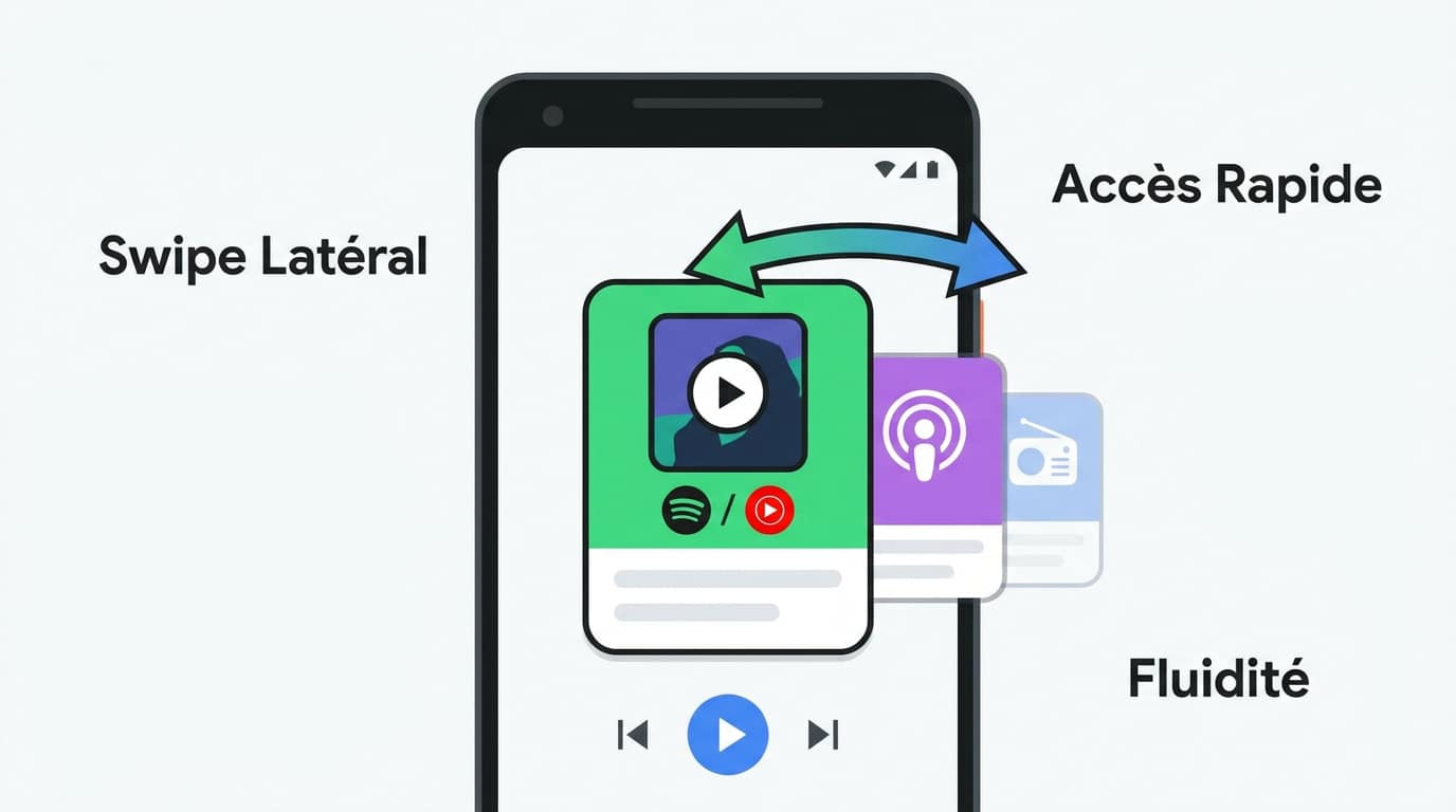 Interface Android Auto montrant le balayage latéral entre Spotify et Audible
