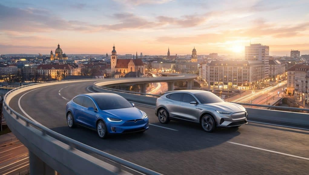 Ford et la concurrence électrique en Europe Une voiture bleue Tesla Model X et une Ford Mustang Mach-E roulant sur une autoroute urbaine au coucher du soleil.