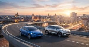 Stratégie Ford Europe : le plan de reconquête par l’émotion Une voiture bleue Tesla Model X et une Ford Mustang Mach-E roulant sur une autoroute urbaine au coucher du soleil.