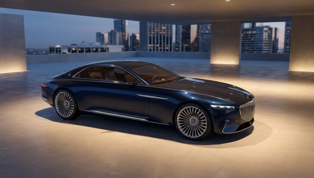 BMW Vision Alpina : l'ultra-luxe réinventé Concept car BMW bleu marine élégant stationné sur un parking en béton avec une vue sur les gratte-ciels urbains.