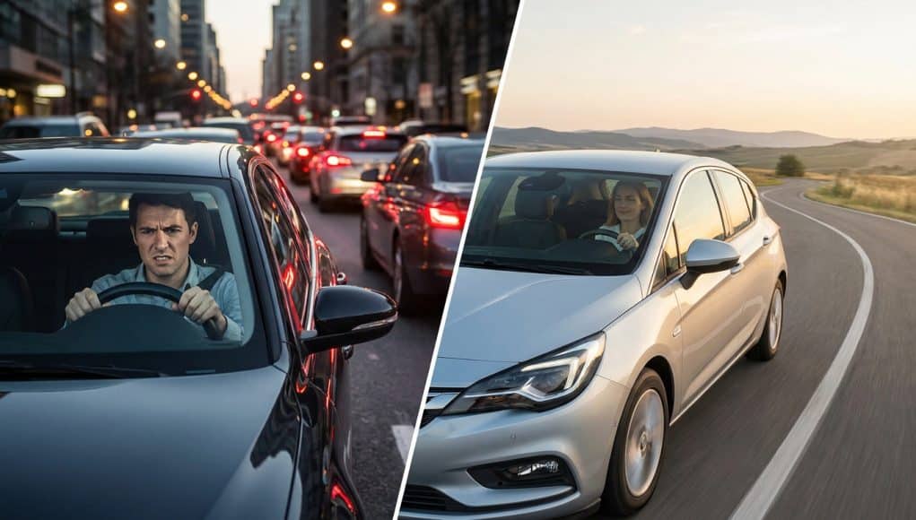 Comparaison entre conduite urbaine stressée et route calme Split screen montrant un conducteur stressé dans un embouteillage urbain et une conductrice sereine sur une route ouverte.