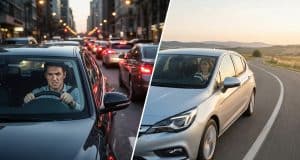 Conducteurs plus agressifs : le profil des marques et pays Split screen montrant un conducteur stressé dans un embouteillage urbain et une conductrice sereine sur une route ouverte.