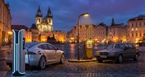 Marché diesel en Europe : la chute d’une motorisation Une borne de recharge électrique moderne face à une ancienne pompe à essence sur une place pavée à Prague.