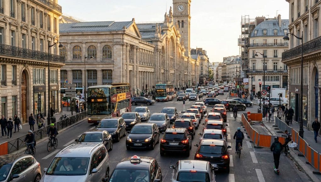 Circulation dense devant la Gare du Nord à Paris Vue en plongée de la circulation automobile, de bus et de cyclistes devant la Gare du Nord à Paris sous une lumière dorée.