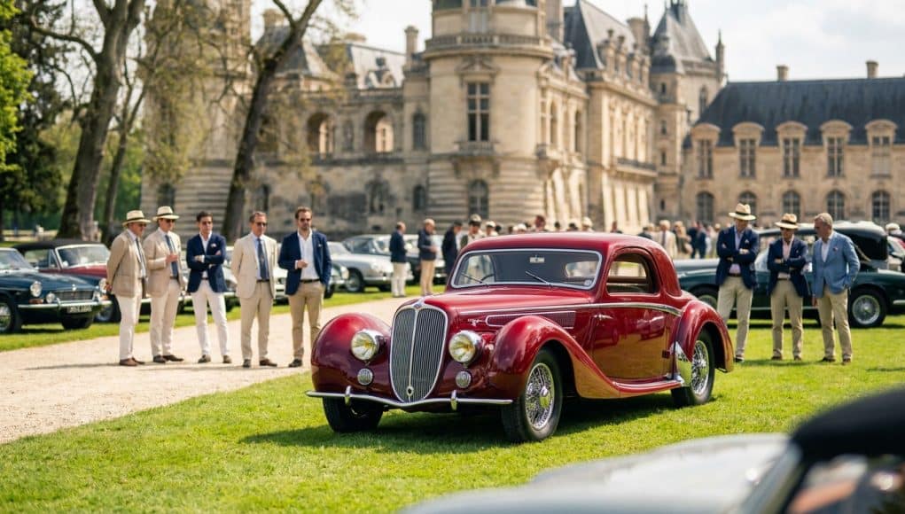 Une élégante voiture de sport rouge classique exposée devant un château français avec des hommes en costumes et chapeaux.