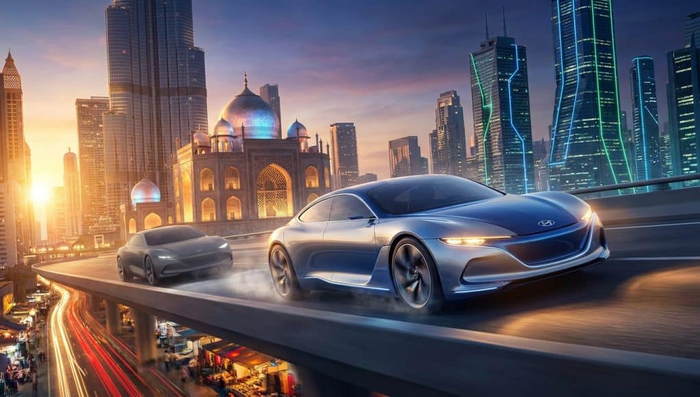Deux concept-cars futuristes circulant sur un pont surplombant une ville moderne au coucher du soleil.