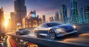 Suzuki dépasse Honda : le séisme de l’automobile japonaise Deux concept-cars futuristes circulant sur un pont surplombant une ville moderne au coucher du soleil.