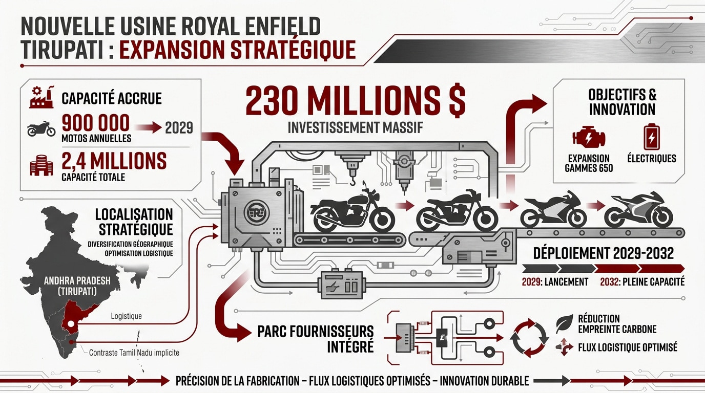 Infographie détaillant l'investissement et la capacité de production de la nouvelle usine Royal Enfield à Tirupati