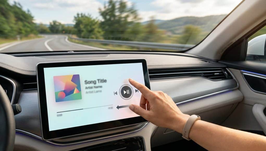 Android Auto : navigation tactile simplifiée Une main utilise l'écran tactile d'une voiture pour changer de piste audio sur Android Auto pendant un trajet.